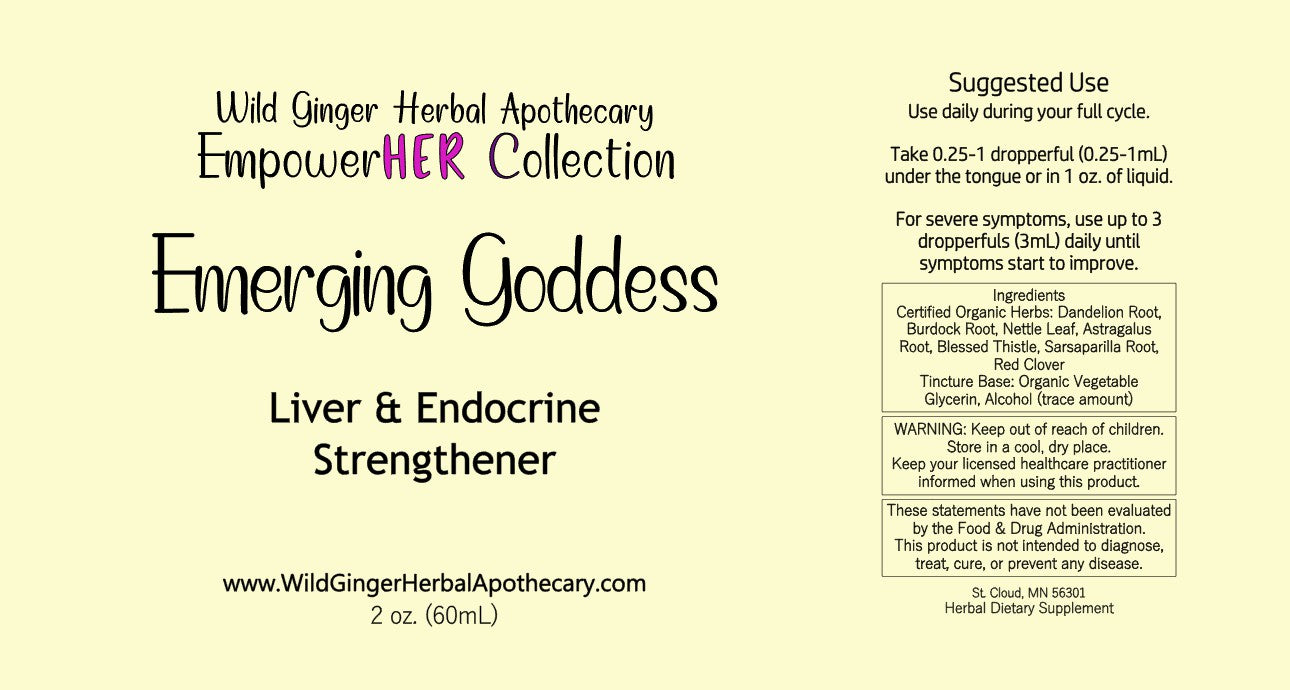 Product Label picture detailing that it is from Wild Ginger Herbal Apothecary, and which collection it belongs to and what the product name and ingredients are.