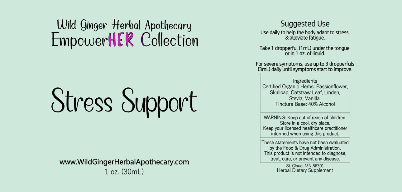 Product Label picture detailing that it is from Wild Ginger Herbal Apothecary, and which collection it belongs to and what the product name and ingredients are.