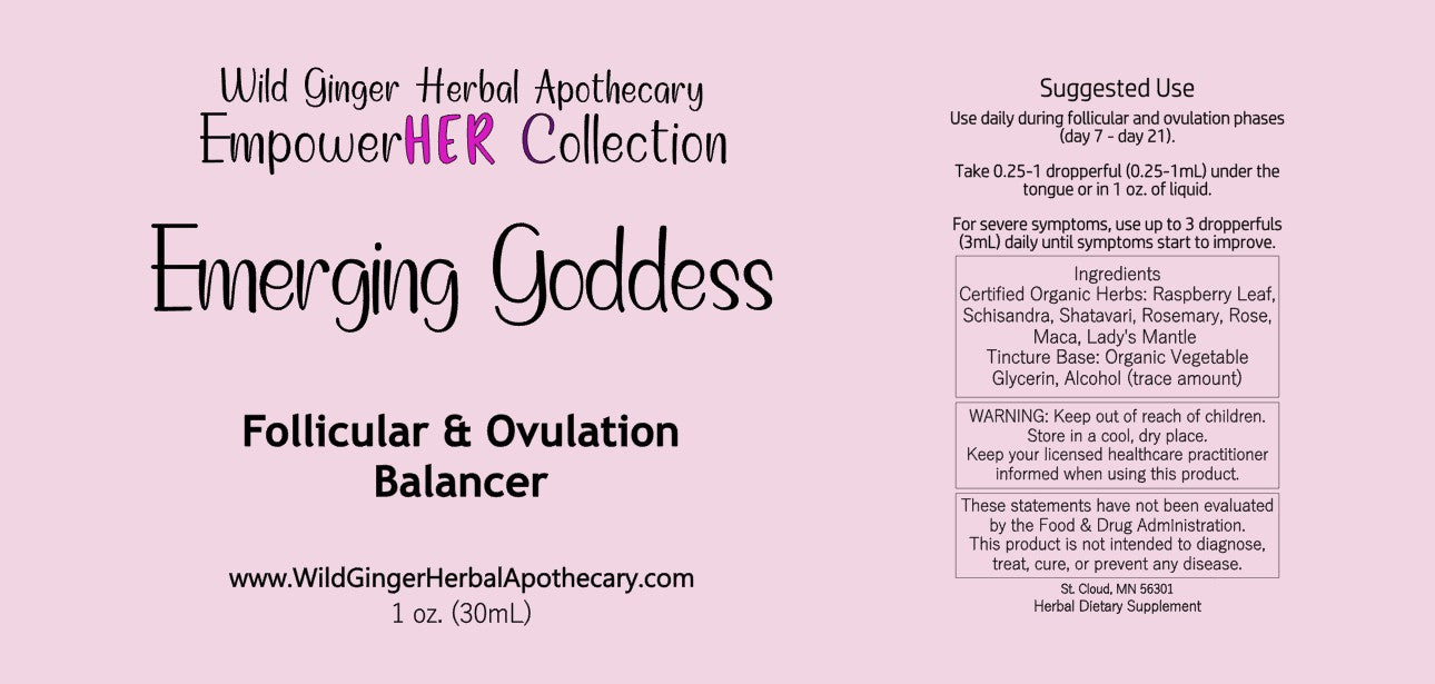 Product Label picture detailing that it is from Wild Ginger Herbal Apothecary, and which collection it belongs to and what the product name and ingredients are.